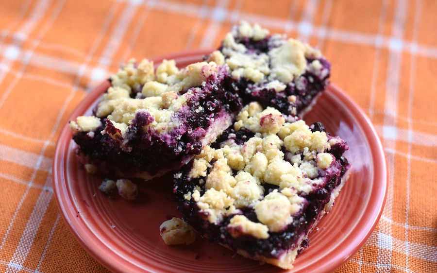 Blueberry lemon crumb bars on a plate, thick with jammy fruit and buttery crumb